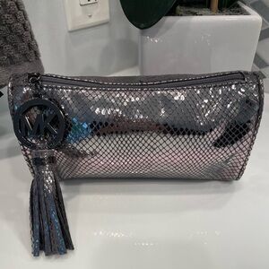 Michael Kors Silver Snake Skin Print Cosmetic Bag Make-up Clutch Limited Edition